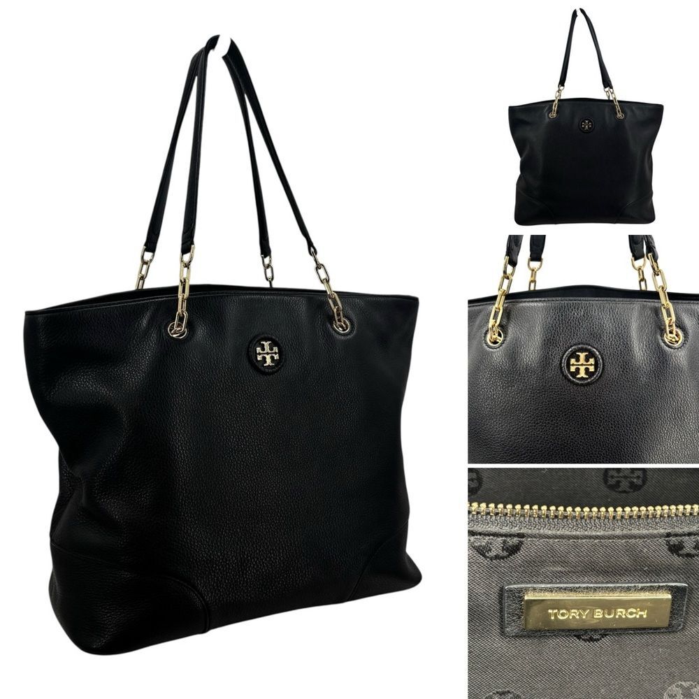 Tory Burch Black Pebbled Leather Whipstitch Logo Chain Handle Tote Shoulder Bag